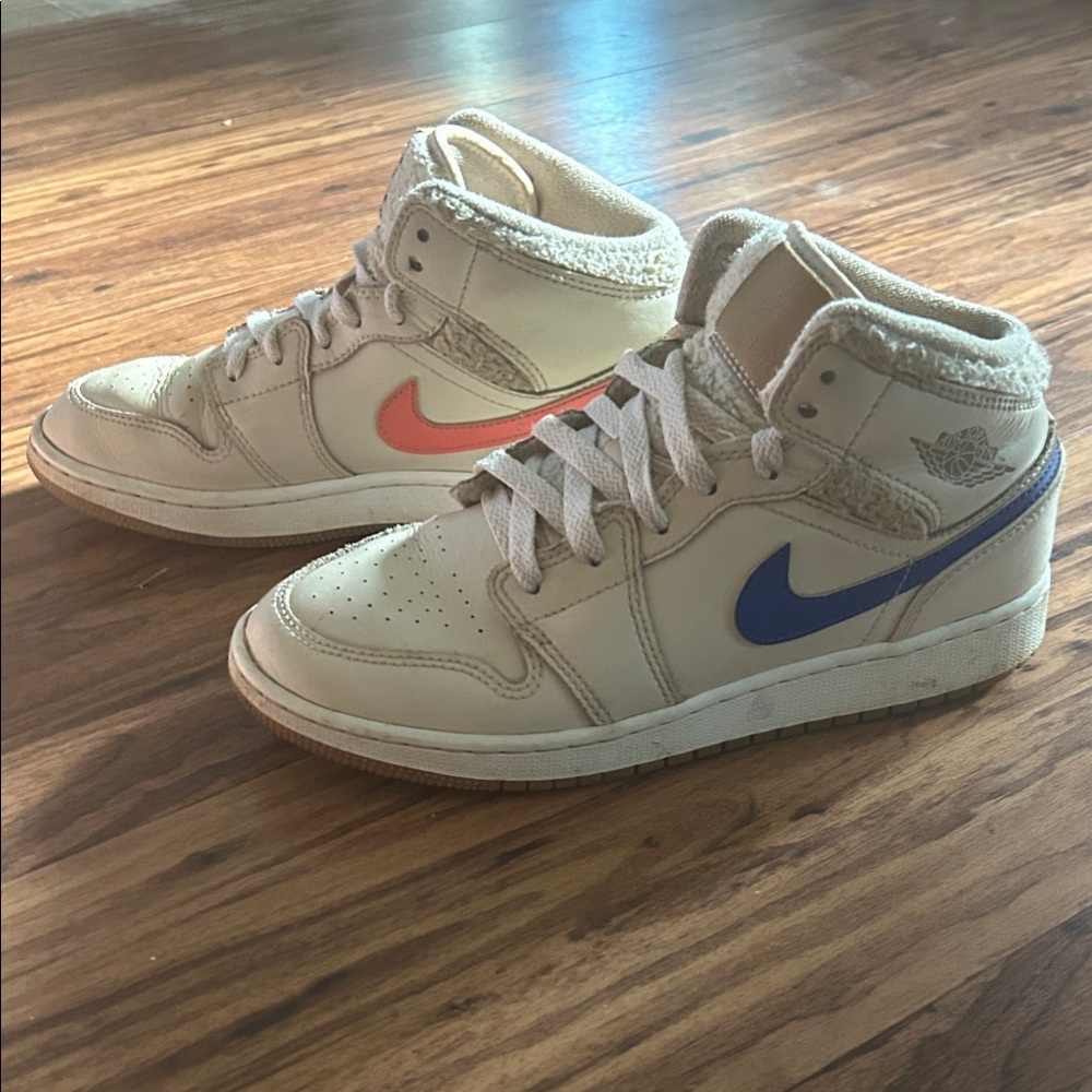Nike Cream High-Top Air Jordan with Multicolor Swooshes - Gently Used - 5Y